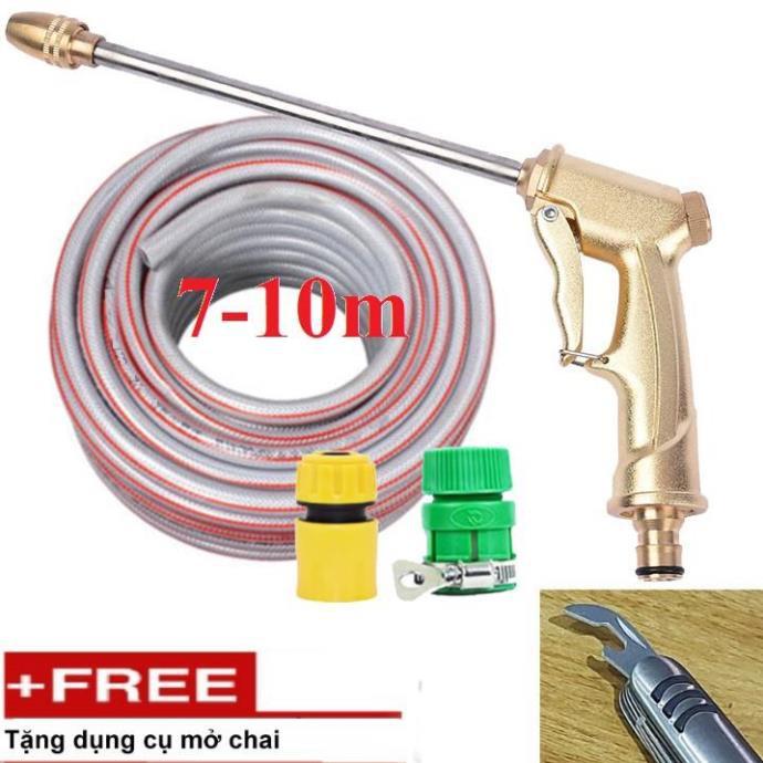 Bộ dây vòi xịt nước rửa xe, tưới cây . tăng áp 3 lần, loại 7m, 10m 206701-3 đầu đồng, cút,nối vàng+ tặng mở chai TL