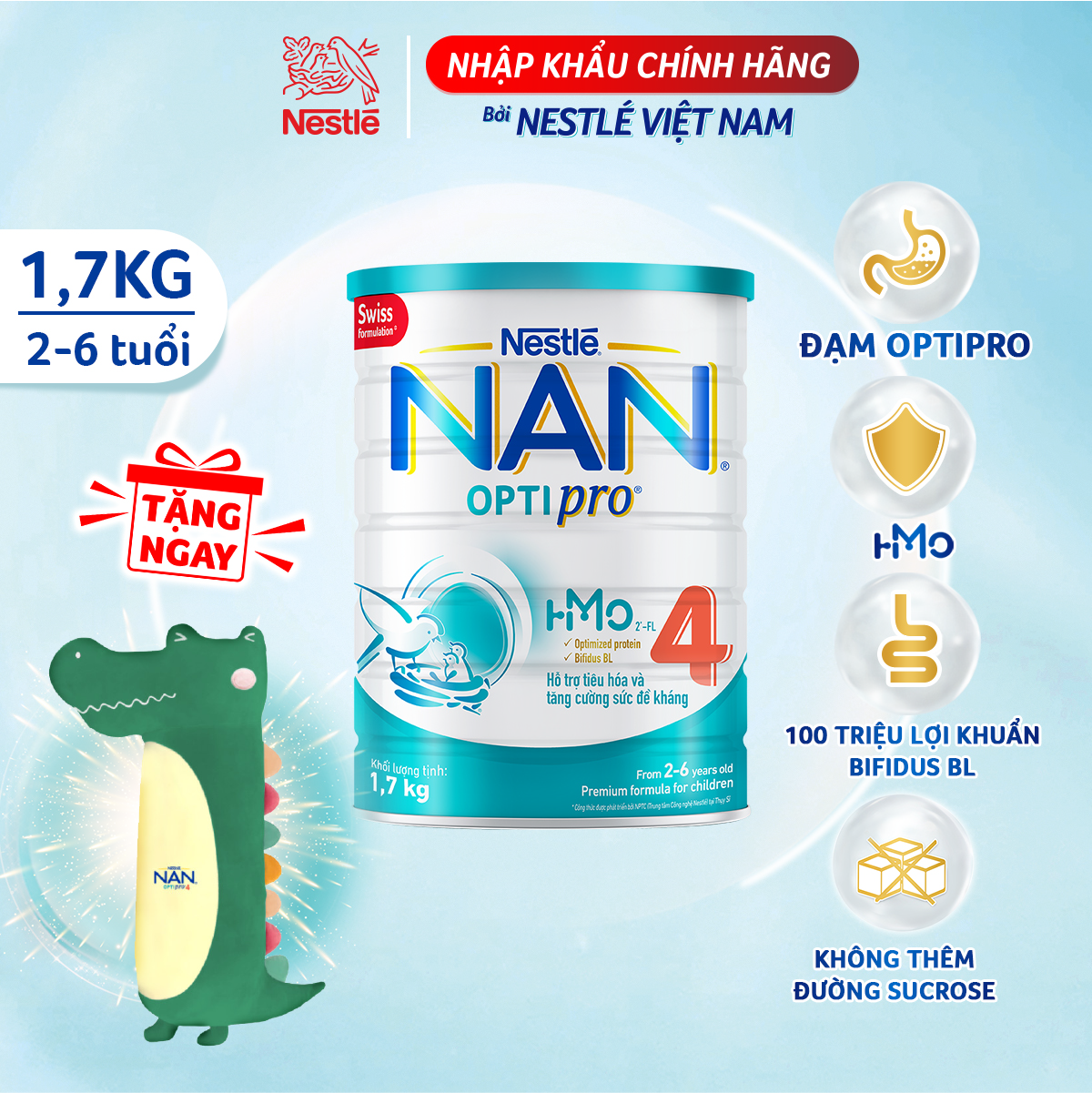 Sữa Bột Nestlé NAN OPTIPRO 4 HMO Lon 1.7kg + Tặng Gối Ôm Cá Sấu (Màu Ngẫu Nhiên)