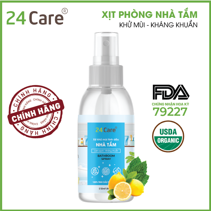 Xịt nhà tắm tinh dầu 24CARE 50m/100ml/250ml - Xịt lau chùi bồn rửa tay, kính - Khử mùi hôi sàn, không khí