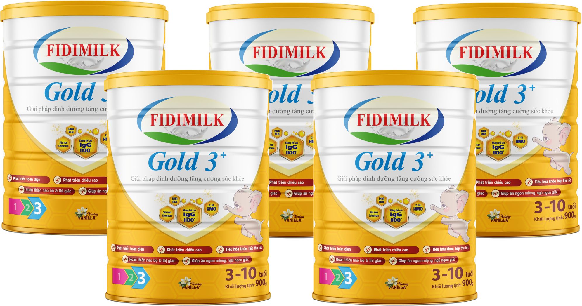 Combo 5 lon Sữa công thức FIDIMILK GOLD 3+ lon 900g - Dinh dưỡng phát triển toàn diện, Dành cho bé 3-10 tuổi.