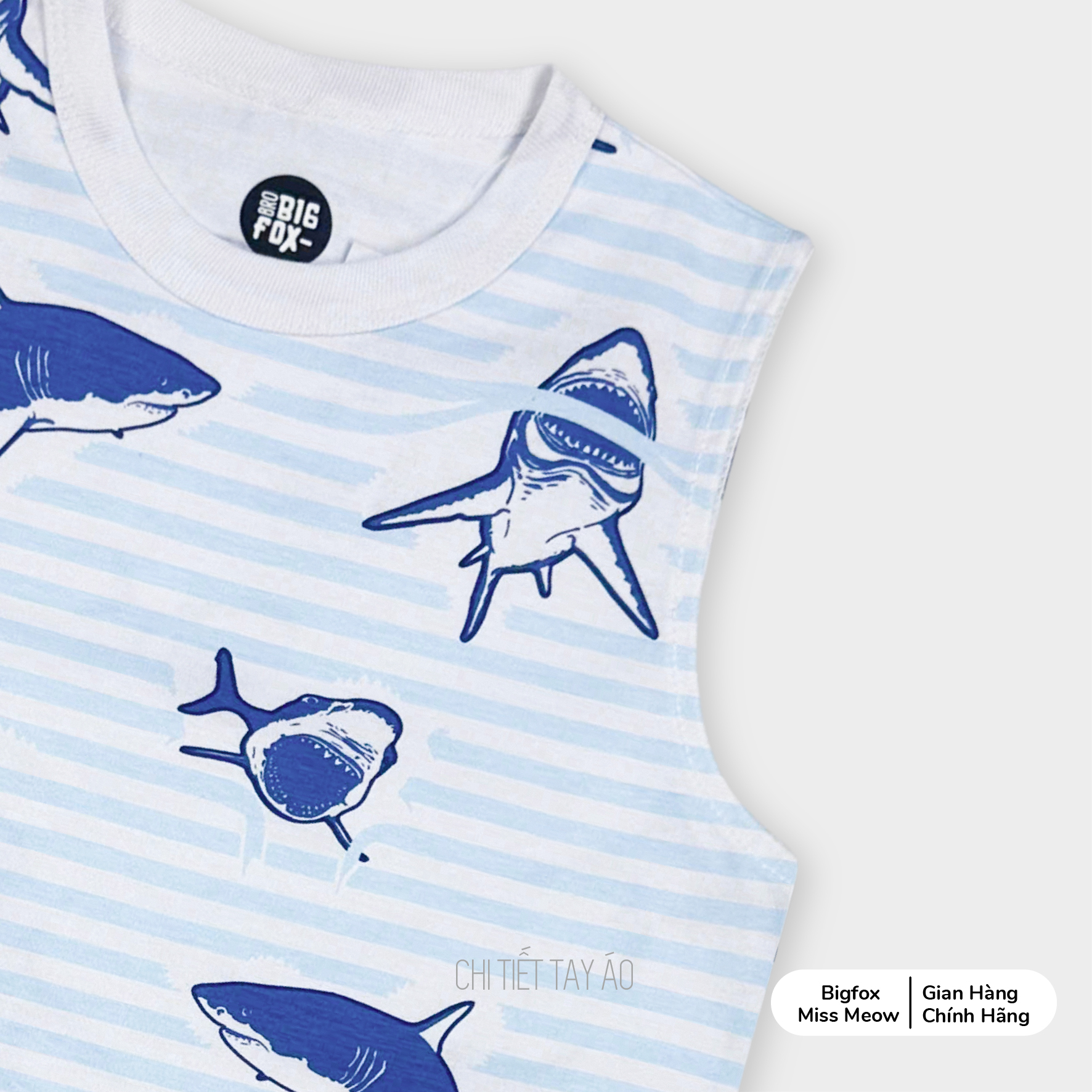 Bộ ba lỗ bé trai size đại Bigfox Miss Meow chất cotton in cá mập cỡ 3,7,9,11 tuổi 30kg 40kg