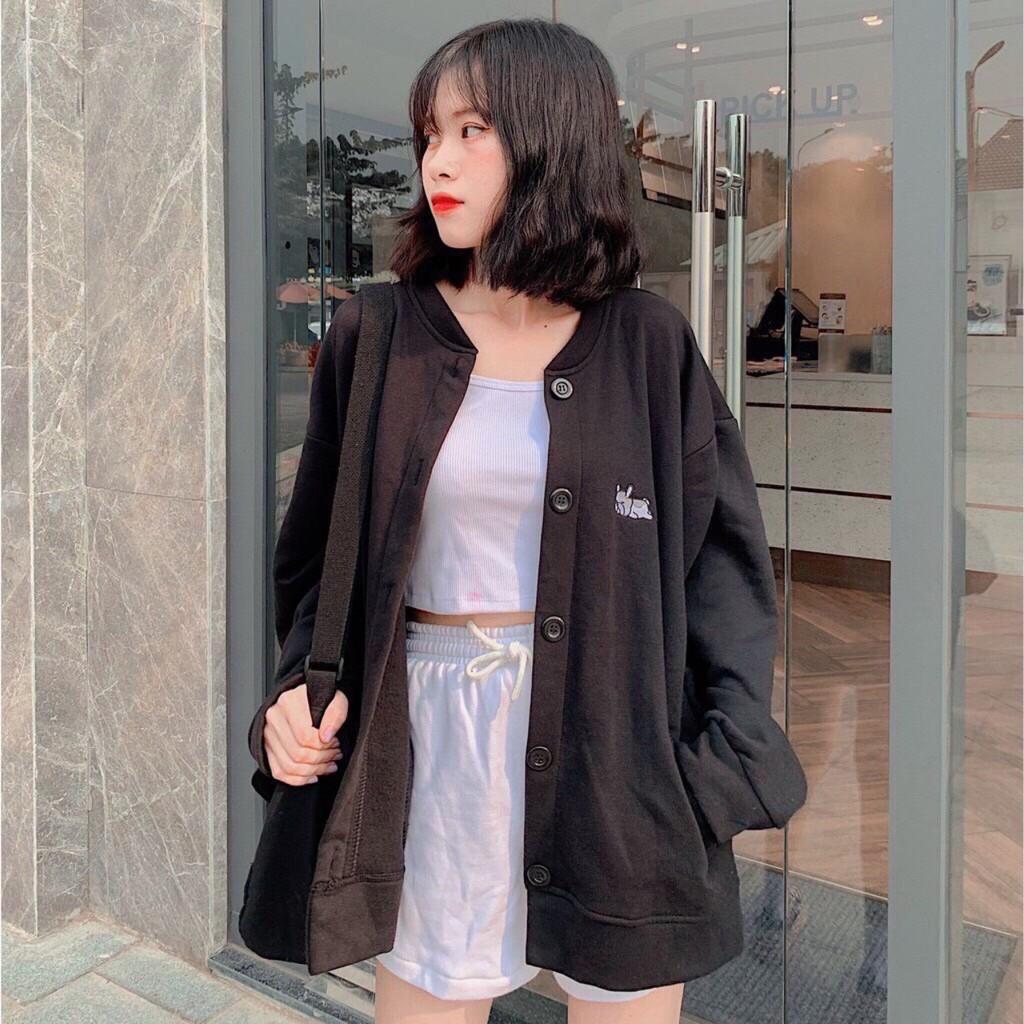 Áo Khoác Nỉ Cardigan Ulzzang Thêu Cún Cực Xinh Form Rộng, Áo Sweater Nữ Dài Tay  Basic Áo Nỉ Nữ Form Rộng Style Hàn Quốc Chất Vải Da Cá Màu Trắng Đen Xám