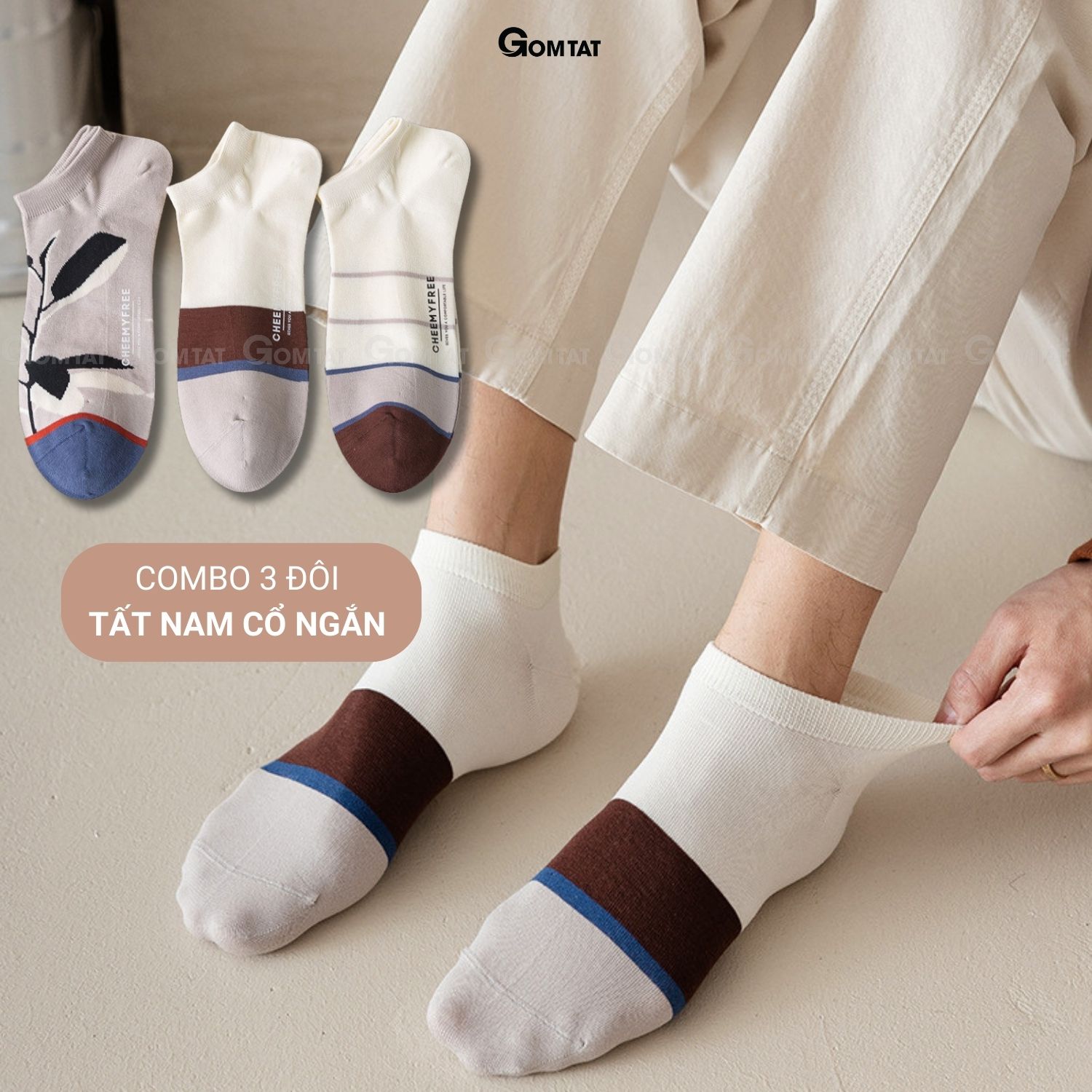 Set 3 đôi tất vớ nam cổ ngắn GOMTAT chất liệu cotton khử mùi kháng khuẩn cực tốt tránh hôi chân - CHEMMY-PO-3032-CB3