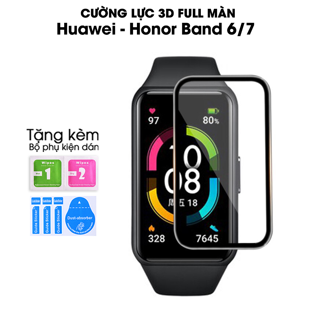 Combo 2c cường lực full màn 3D dành cho Huawei Honor Band 6 / 7 bảo vệ màn hình chống trầy xước va đập tặng kèm phụ kiện dán Handtown - Hàng chính hãng