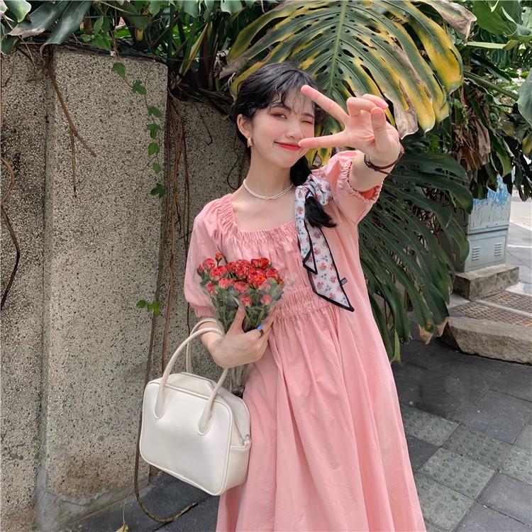 Đầm Dài Midi Cổ Vuông Bo Nhún Tay Ulzzang