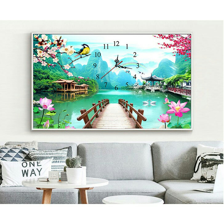 Tranh đính đá ĐỒNG HỒ -PHONG CẢNH  (80×50cm) chưa đính