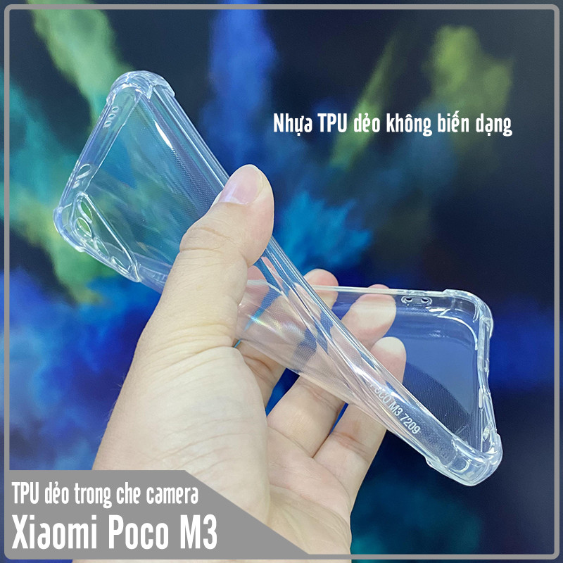Ốp lưng 4 góc chống sốc cho Xiaomi Poco M3 TPU Trong Suốt Che Camera
