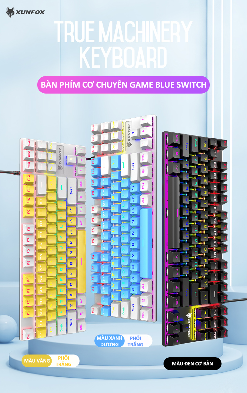 Bàn phím cơ mini chuyên game Blue Switch nút vuông 87 phím XUNFOX K80 - Hàng Chính Hãng