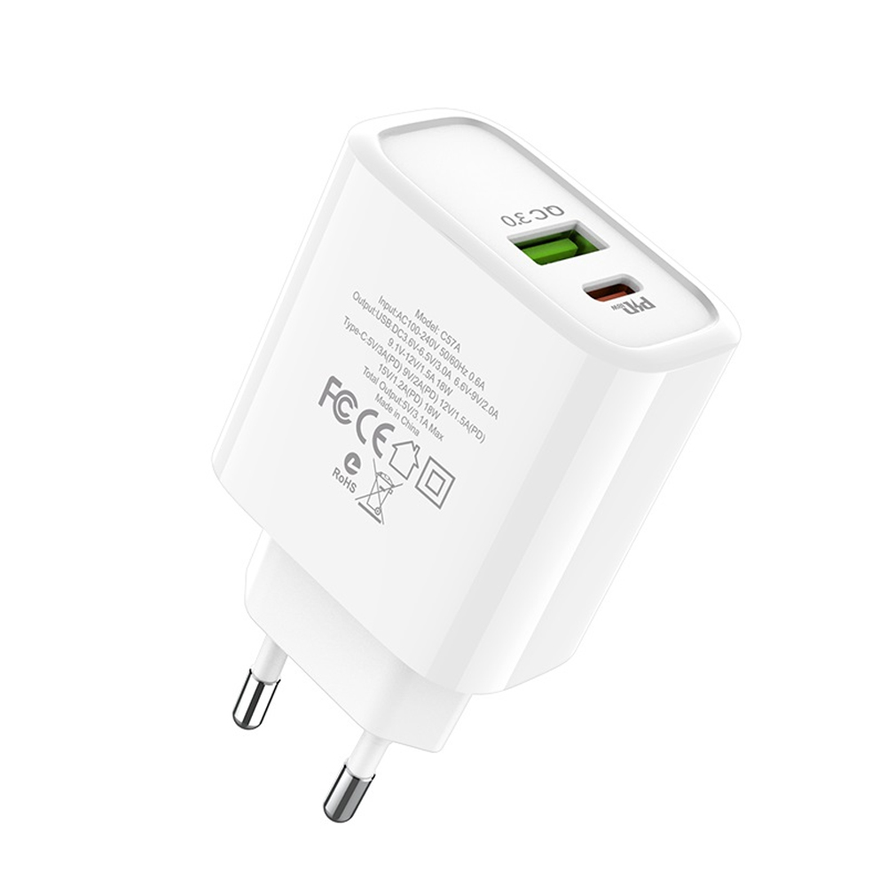 Củ Sạc Hoco C57A - Hỗ trợ sạc nhanh QC3.0 + Tặng 1 Cáp Sạc Micro USB - Chính Hãng