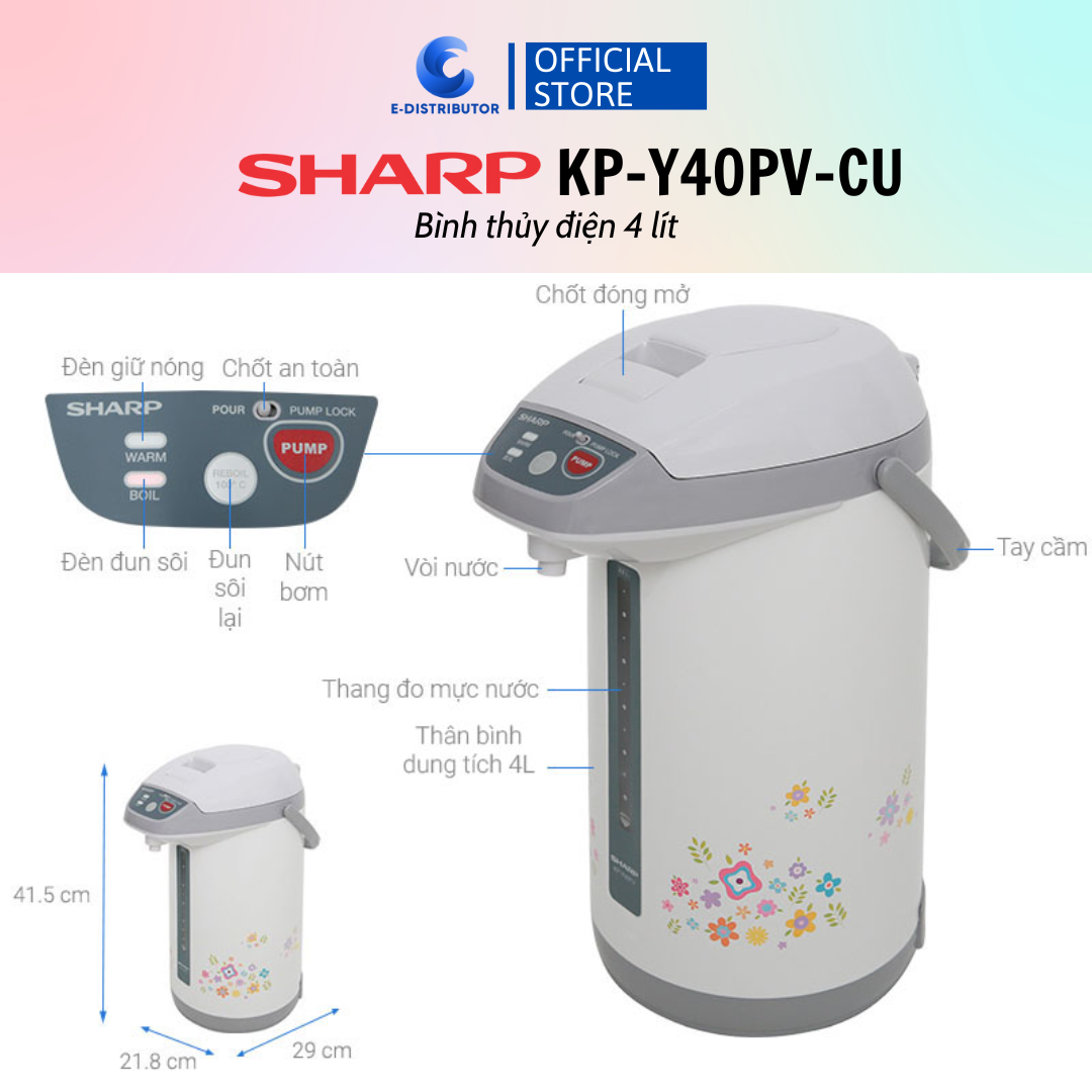 Bình Thủy Điện Sharp KP-Y40PV-CU/RD 4 Lít - Hàng Chính Hãng - Bảo Hành 12 Tháng