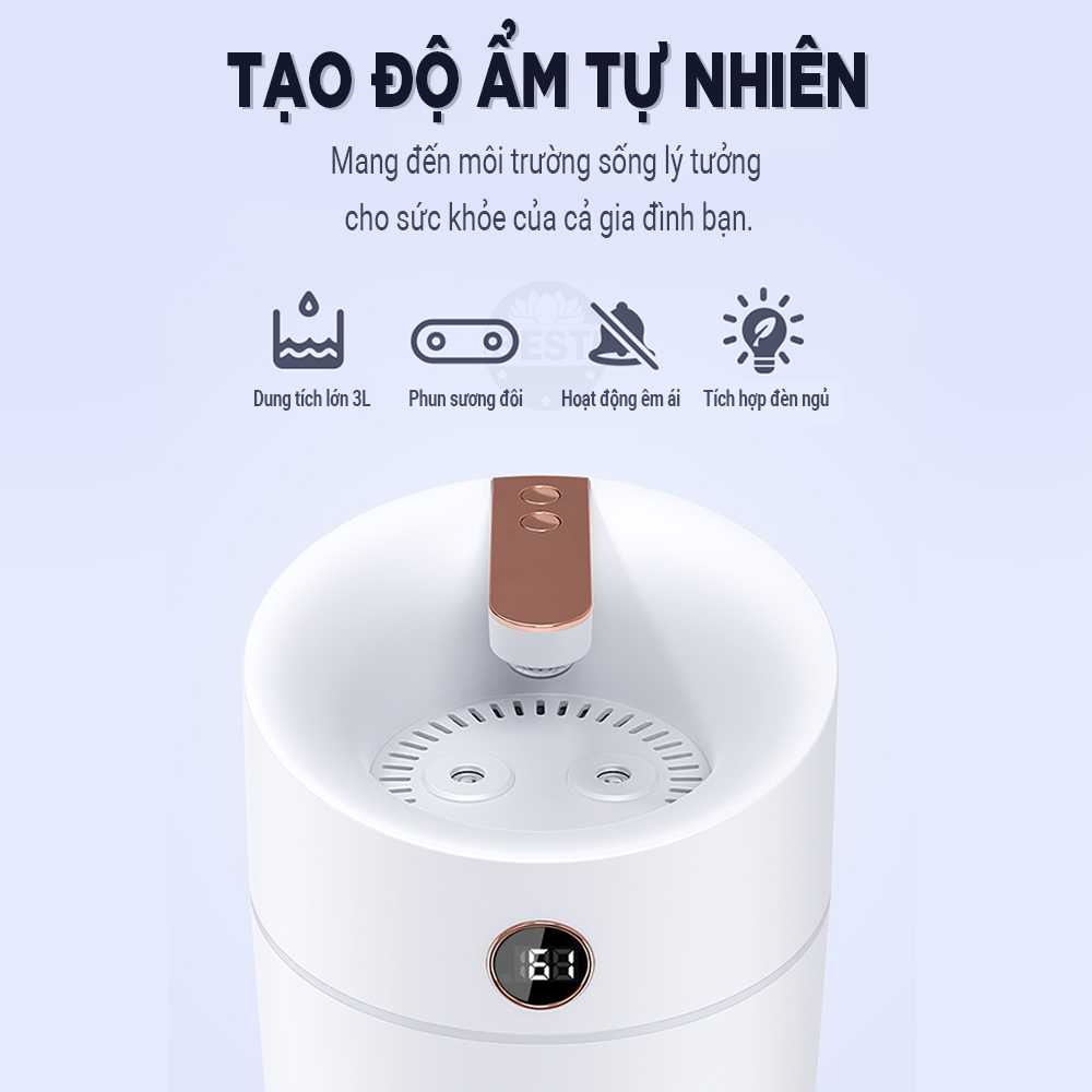 Máy Phun Sương Nano Tạo Ẩm Không Khí Besti, Máy Xông Và Khuyếch Tán Tinh Dầu Dung Tích 3 Lít Với 3 Chế Độ Phun, Tích Hợp Đèn Ngủ Tự Thay Đổi Màu Sắc, Phun Liên Tục 20h Và Tự Ngắt Khi Hết Nước - Hàng Chính Hãng