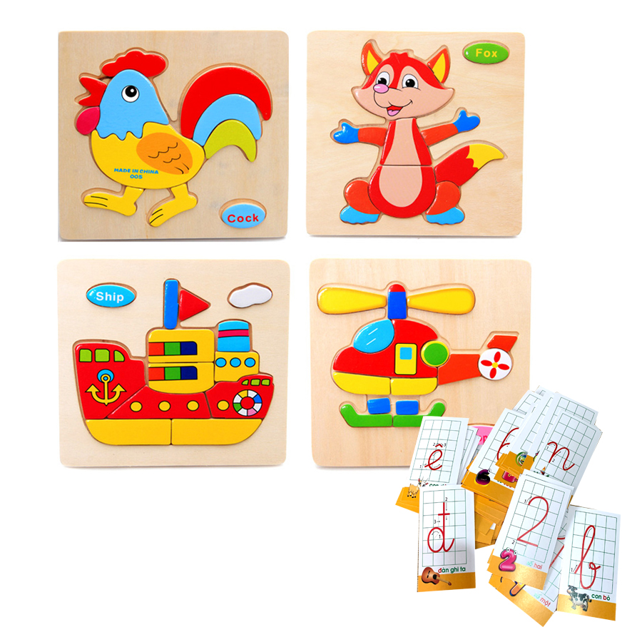 Đồ Chơi Gỗ Bộ 4 Tranh Ghép Gỗ 3D Tặng Kèm 40 Thẻ Học Flashcards Cho Bé Học Chữ Cái Và Số Đếm
