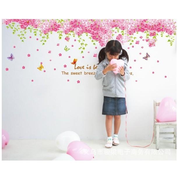 Decal trang trí tường - Dàn Hoa Bướm Hồng nhí lãng mạn