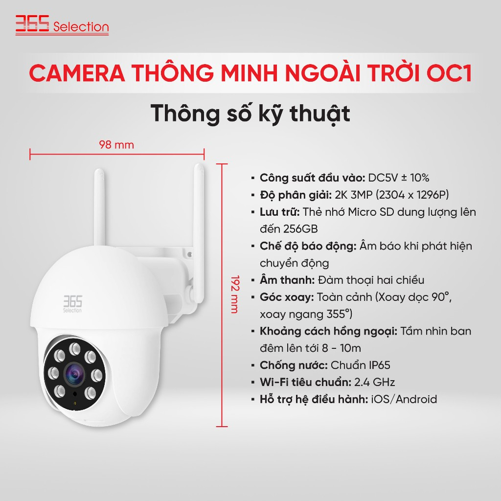 Camera ngoài trời Tuya 365 Selection OC1 - Độ phân giải 2K 3MP, Quay quét, Chống nước - Hàng chính hãng