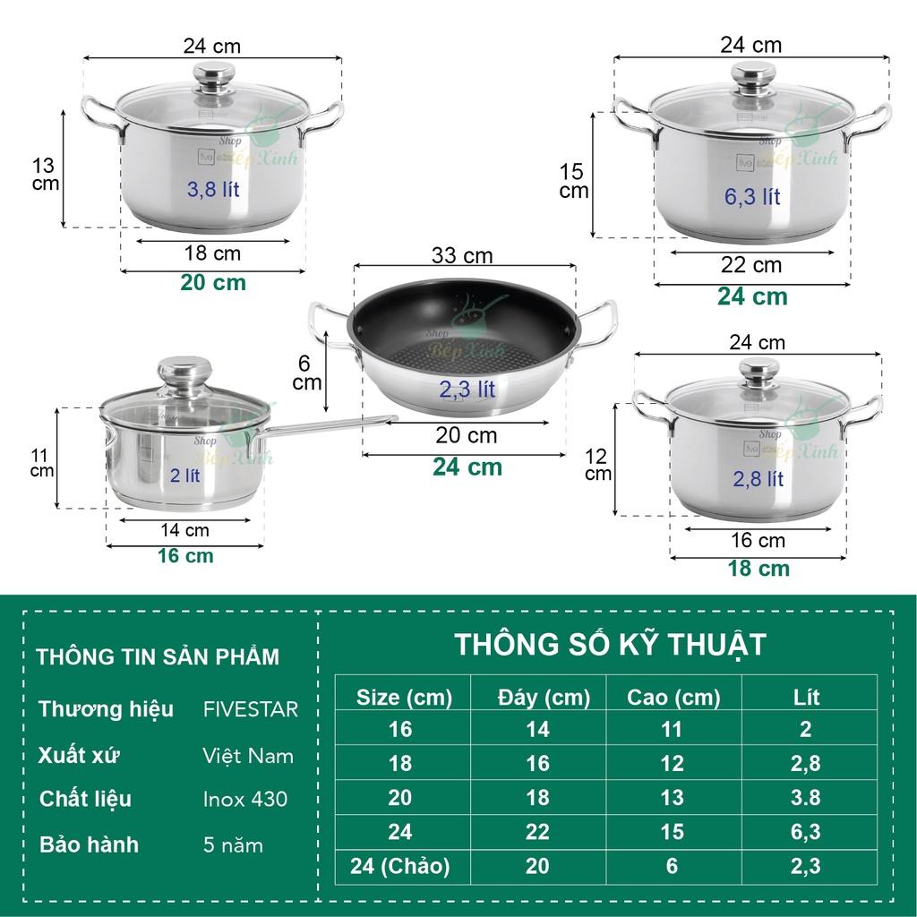 Bộ Nồi 5 Đáy Từ Cao Cấp Fivestar FSB55D001 Nắp Kính Inox 430