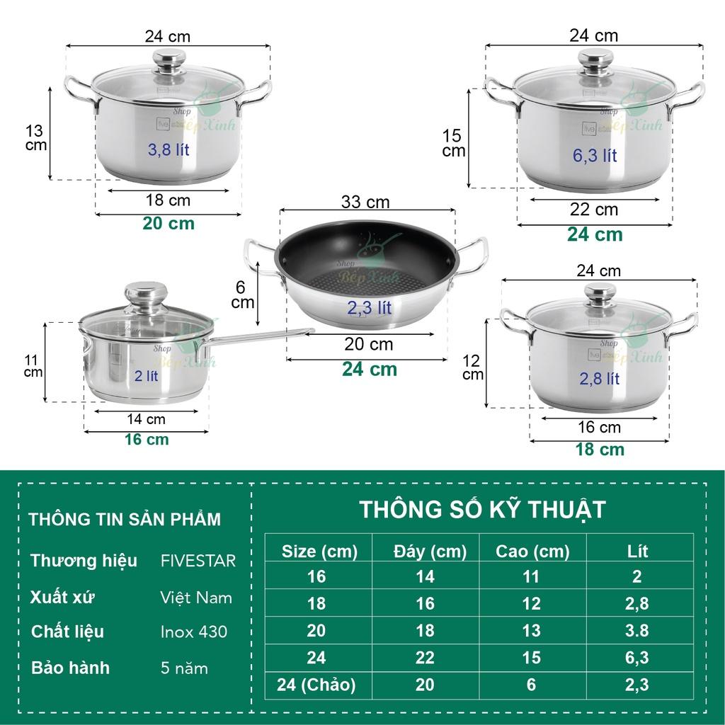 Bộ Nồi 5 Đáy Từ Cao Cấp Fivestar FSB55D001 Nắp Kính Inox 430 ( 1 quánh16cm x  N18cm x  N20cm x N24cm x C 24cm )