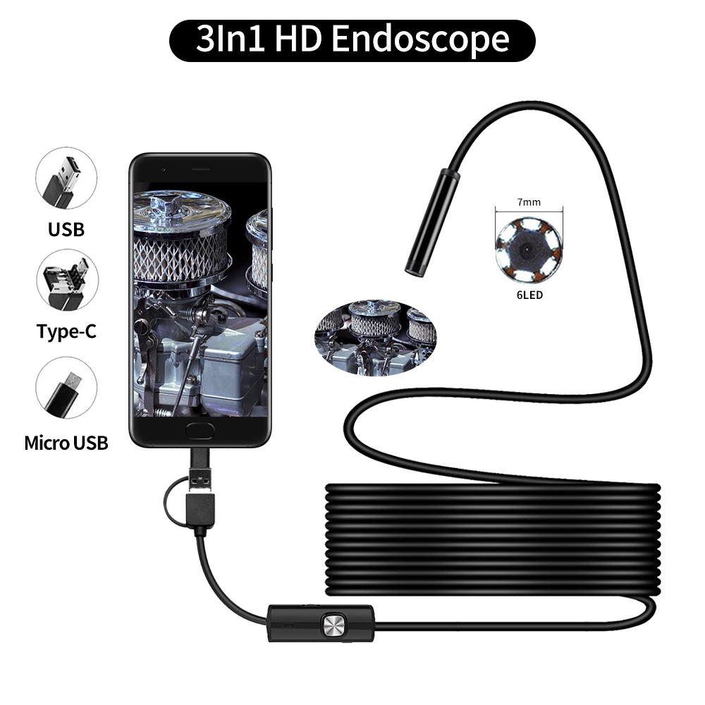 7Mm Cống Nội Soi Công Nghiệp Đường Ống Nội Soi Loại C Linh Hoạt Rắn Mini Camera 3 Trong 1 Ô Tô Borescope Cho Android