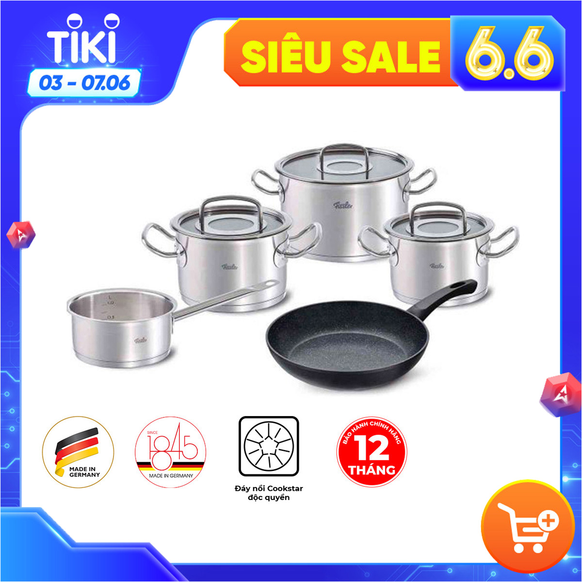 Bộ nồi 4 nồi cao cấp Fissler Original Pro thép không gỉ (inox) và 1 chảo chống dính Stardust, nhập khẩu từ Đức