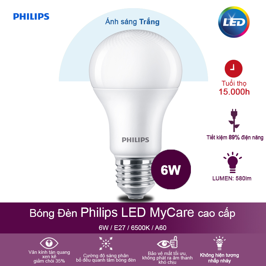 Bóng đèn Philips LED MyCare 6W 3000K E27 A60   - Ánh sáng vàng - Hàng Chính Hãng