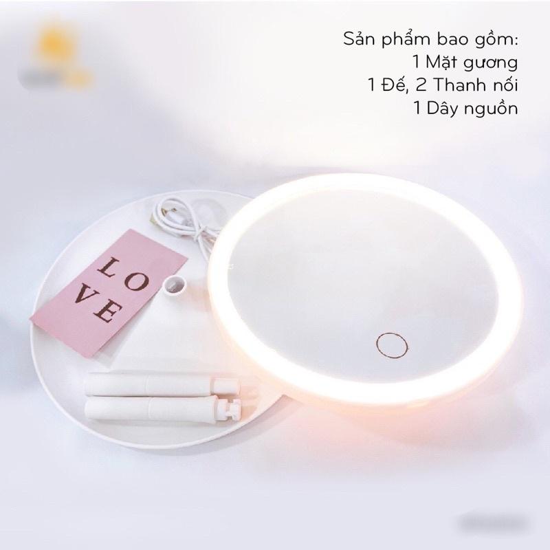 Gương trang điểm để bàn có đèn LED cảm ứng 3 chế độ sáng hình tròn có khay đựng mỹ phẩm sạc USB dễ mang đi du lịch