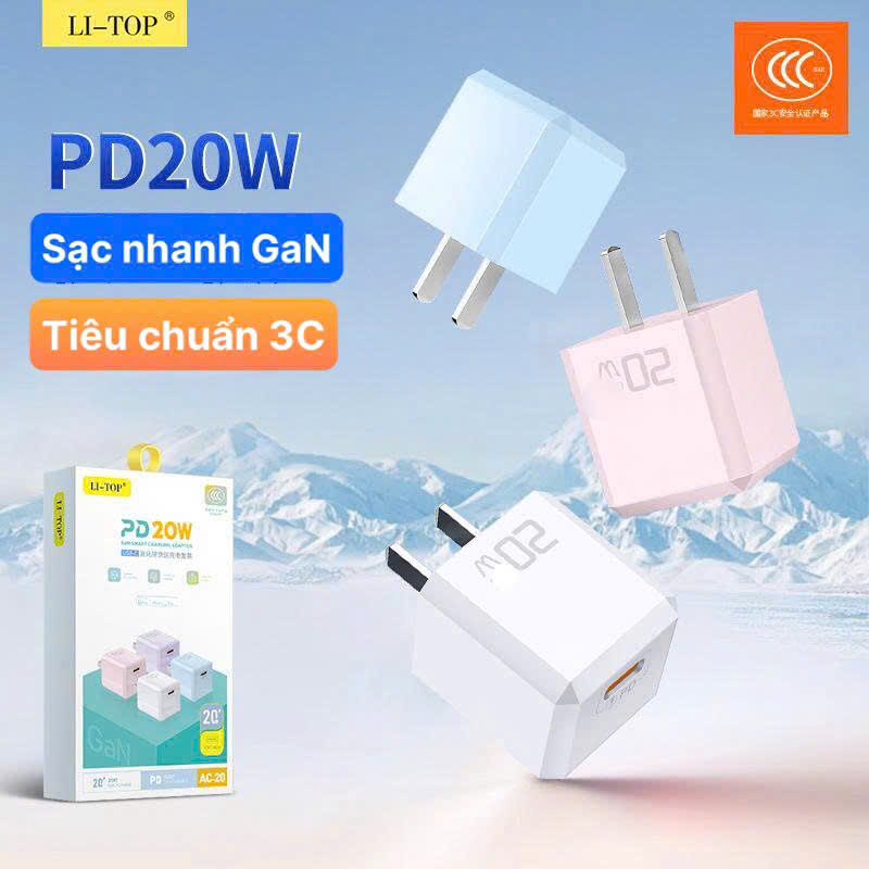 Củ sạc LI-TOP AC20 mini, sạc nhanh PD 20W, đạt chứng nhận 3C tiêu chuẩn quốc gia, hàng chính hãng bảo hành 1 năm