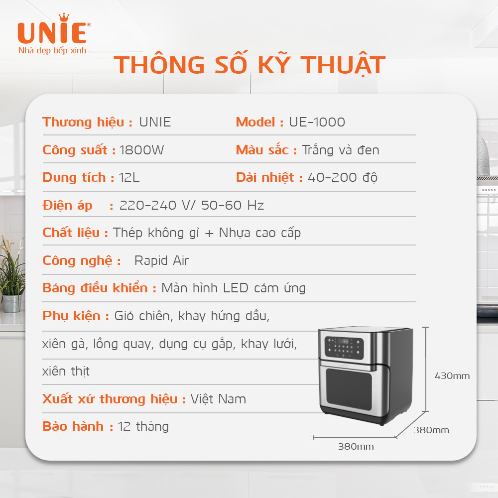 Nồi Chiên Không Dầu Unie UE-1000 Tiêu Chuẩn Đức 10 Chương Trình Nướng Dung Tích 12 Lít Công Suất 1800W - Hàng Chính Hãng