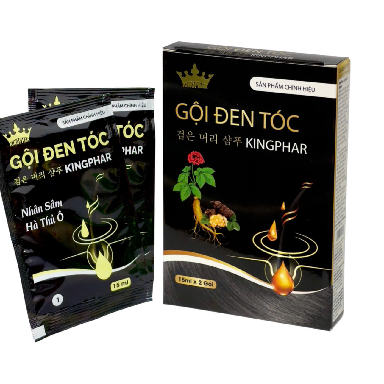 Gội đen tóc Kingphar, hộp 2 gói x 15ml, giúp làm đen tóc, suôn mượt
