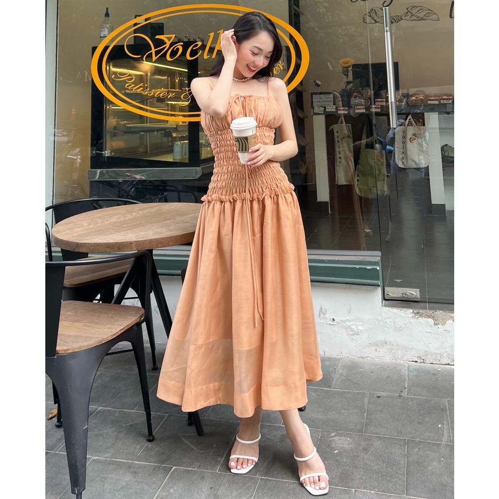 KIOBI - Đầm Moonlight form midi 2 dây ôm ngực, hạ eo nhún thun smocking, tùng xòe, vải organza tơ caramel - KID225169CRM