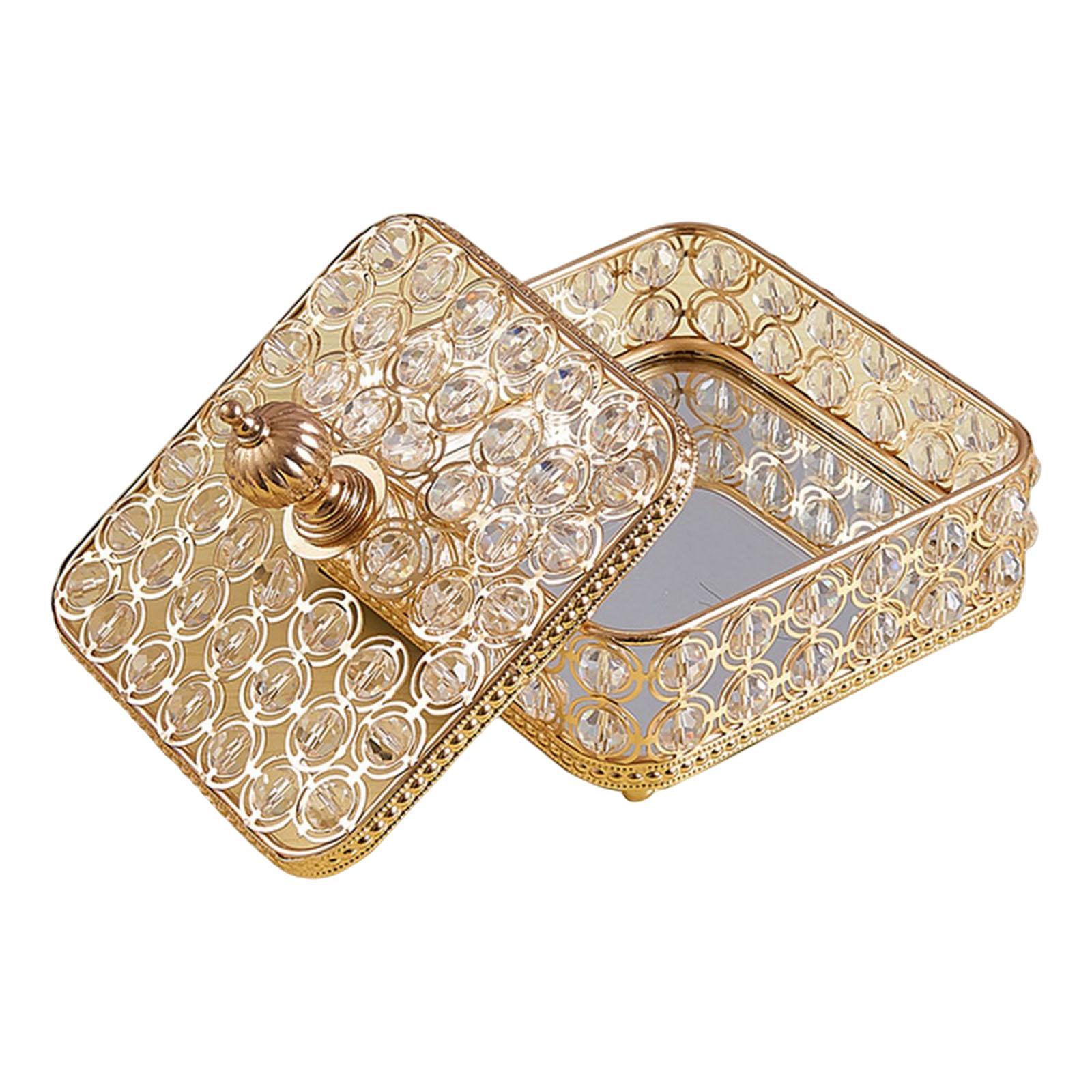 Vintage Crystal Jewelry Box with Cover Treasure Keepsake Box Trinket Organizer for Valentine Bracelets Necklace Bedroom Decoration Golden