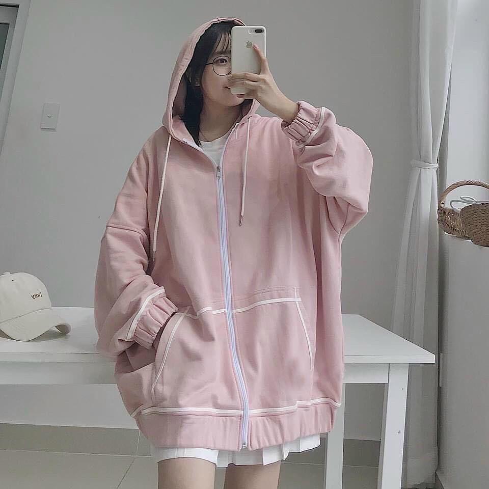 Áo Khoác Hoodie Viền Tay  Bồng Nữ Jacket form rộng có mũ màu ĐEN ,HỒNG, XANH, TÍM THAN Ulzzang- KHOÁC NỈ TRƠN PHONG CÁCH HÀN QUỐC