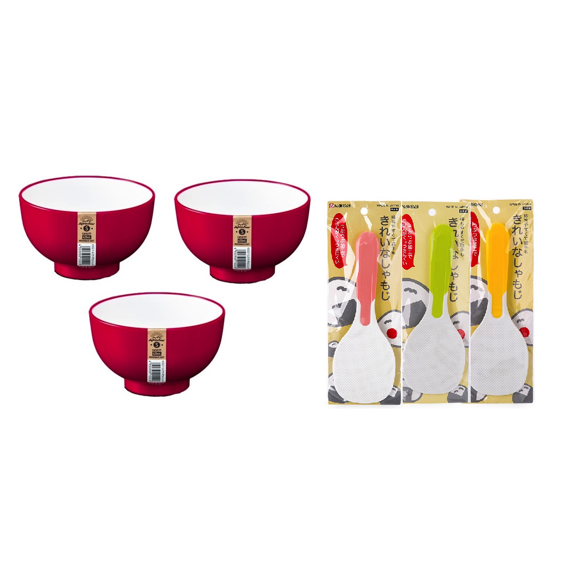 Combo 03 Bát ăn cơm Nakaya các size + 01 Muôi xới cơm chống dính Nakaya cán màu - Nội địa Nhật Bản