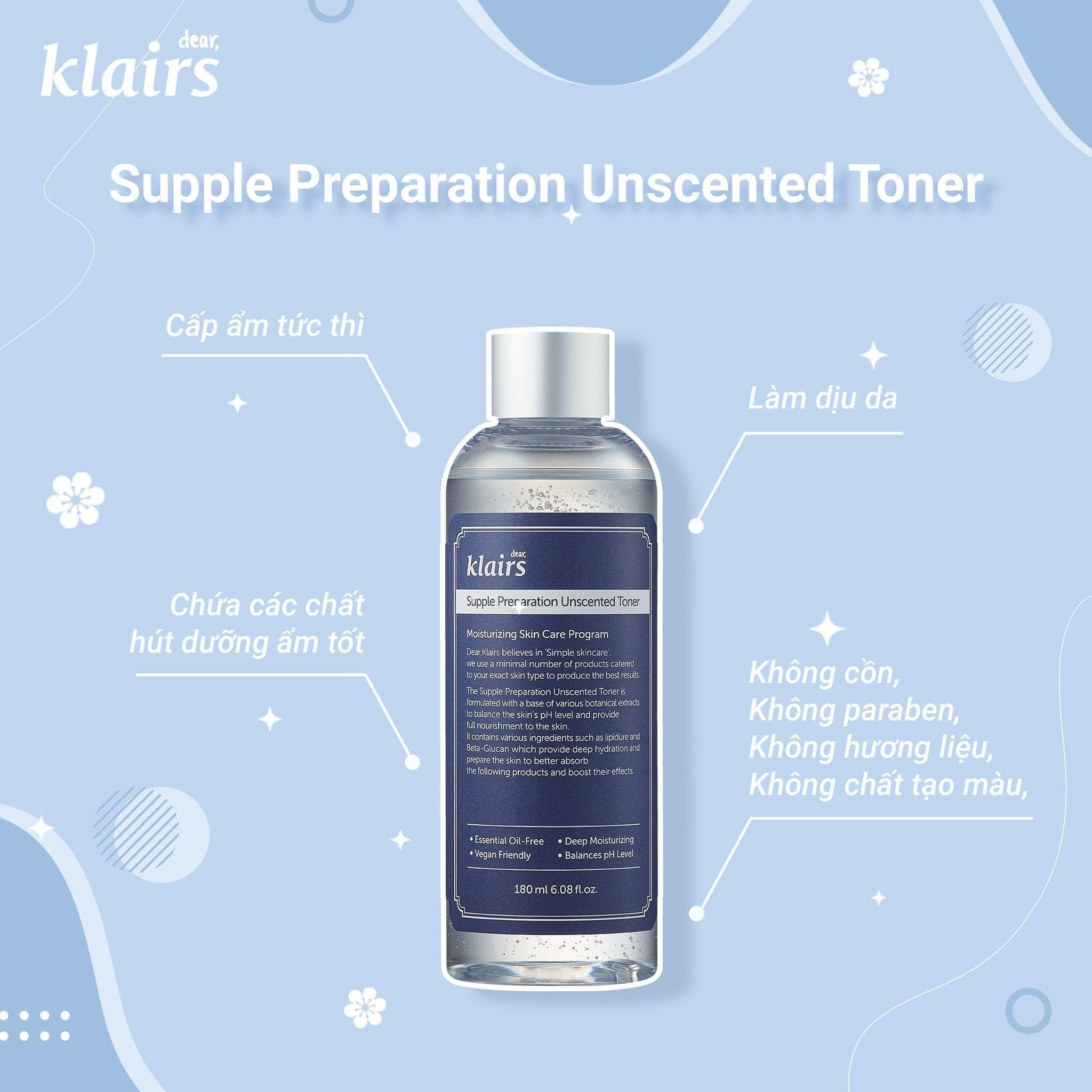 Nước Hoa Hồng Dưỡng Ẩm Da Và Làm Mềm Da Dear Klairs Supple Preparation Toner Có Mùi, Không Mùi 180ml