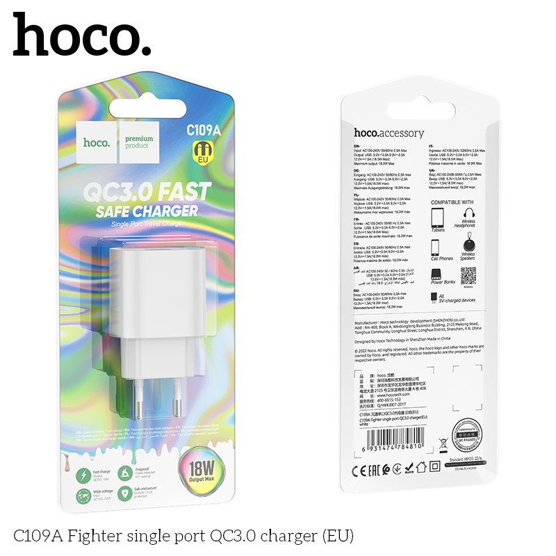 Cóc Sạc Nhanh Dành Cho Hoco C109A 18W Qc3.0 Chân Cắm Eu 1 Cổng Usb Hàng Chính Hãng