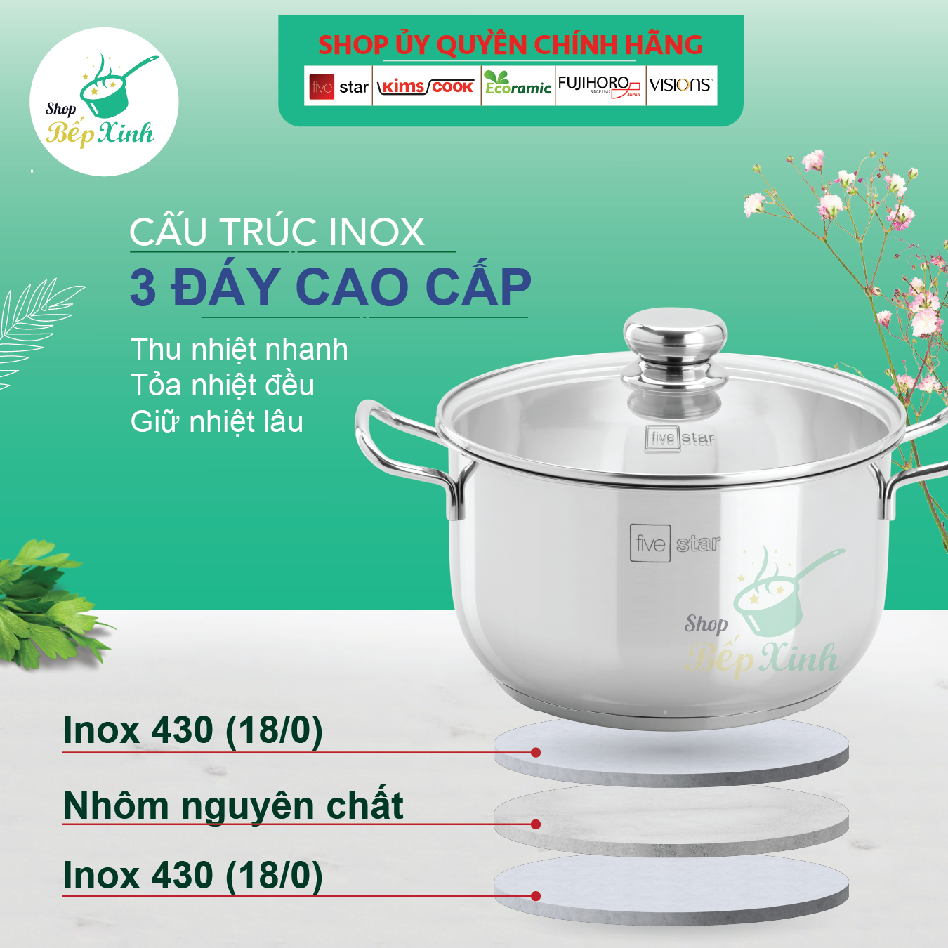 Nồi Inox 430 Bếp Từ 3 Đáy Nắp Kính Fivestar Tặng kèm 10 Muỗng Ăn (26cm)