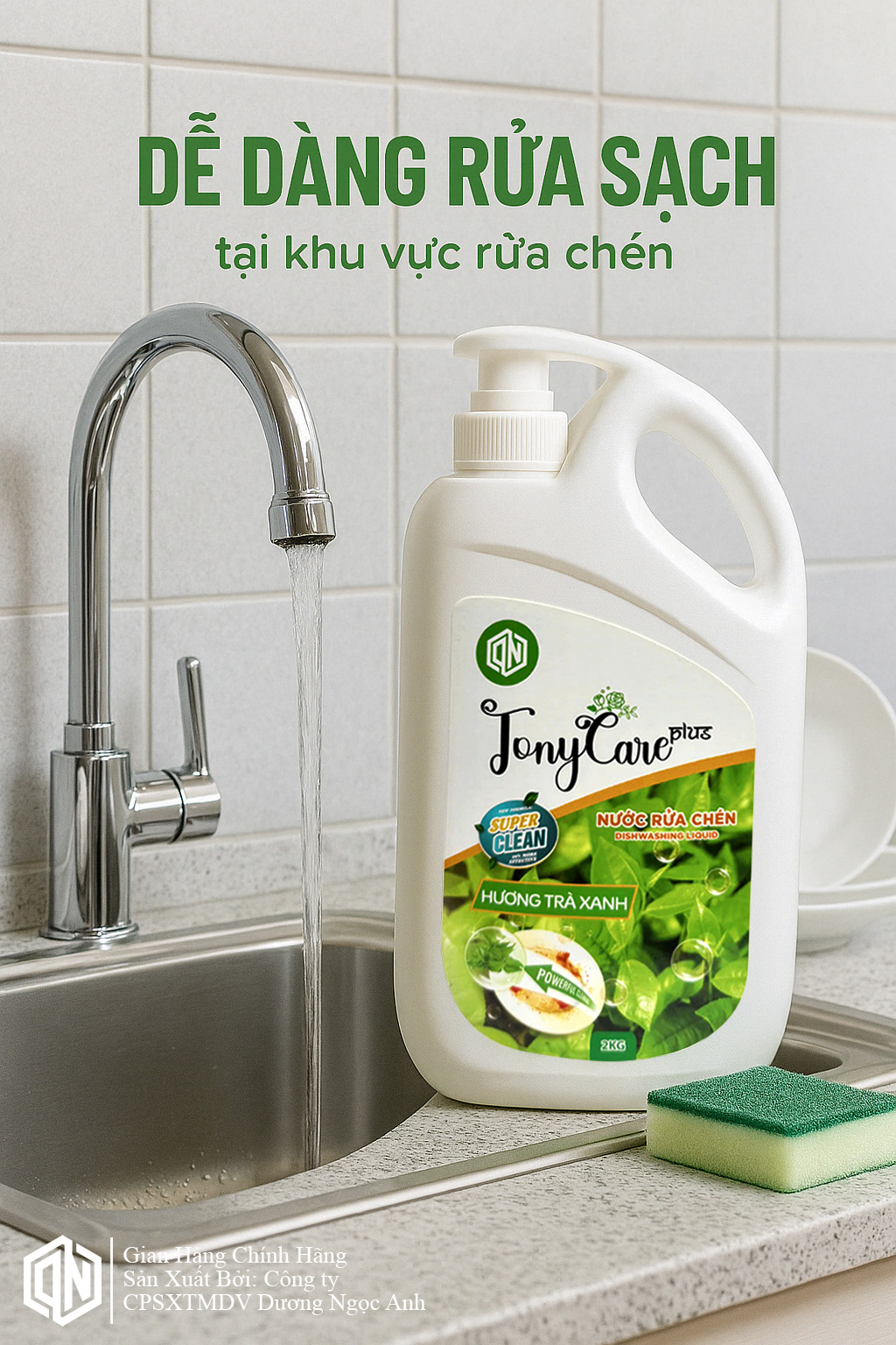 Nước rửa chén Tonycare 2000ml - Hương Trà Xanh – Sạch dầu mỡ, dịu nhẹ da tay, an toàn cho sức khỏe – Chính hãng Tonycare