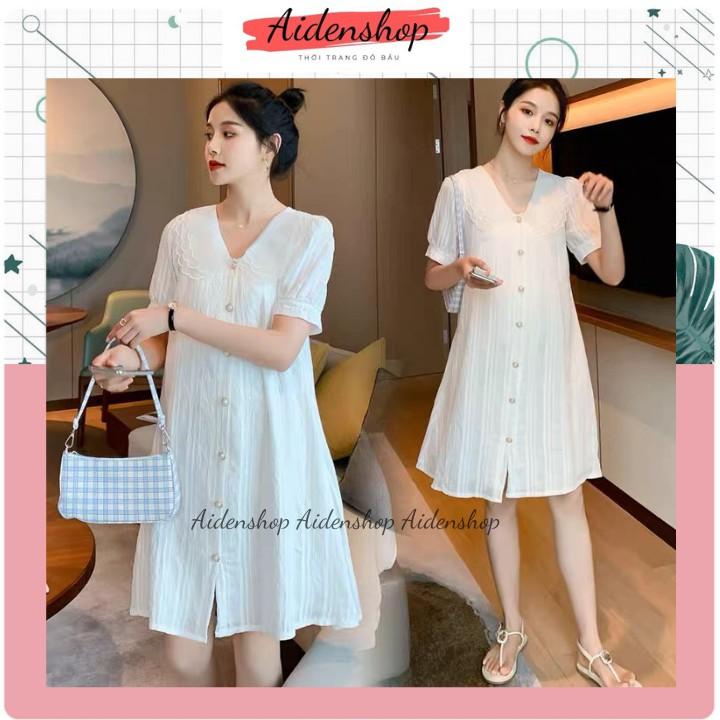 Váy bầu thiết kế Aidenshop đầm bầu mùa hè công sở dáng suông thời trang màu trắng sau sinh VB2
