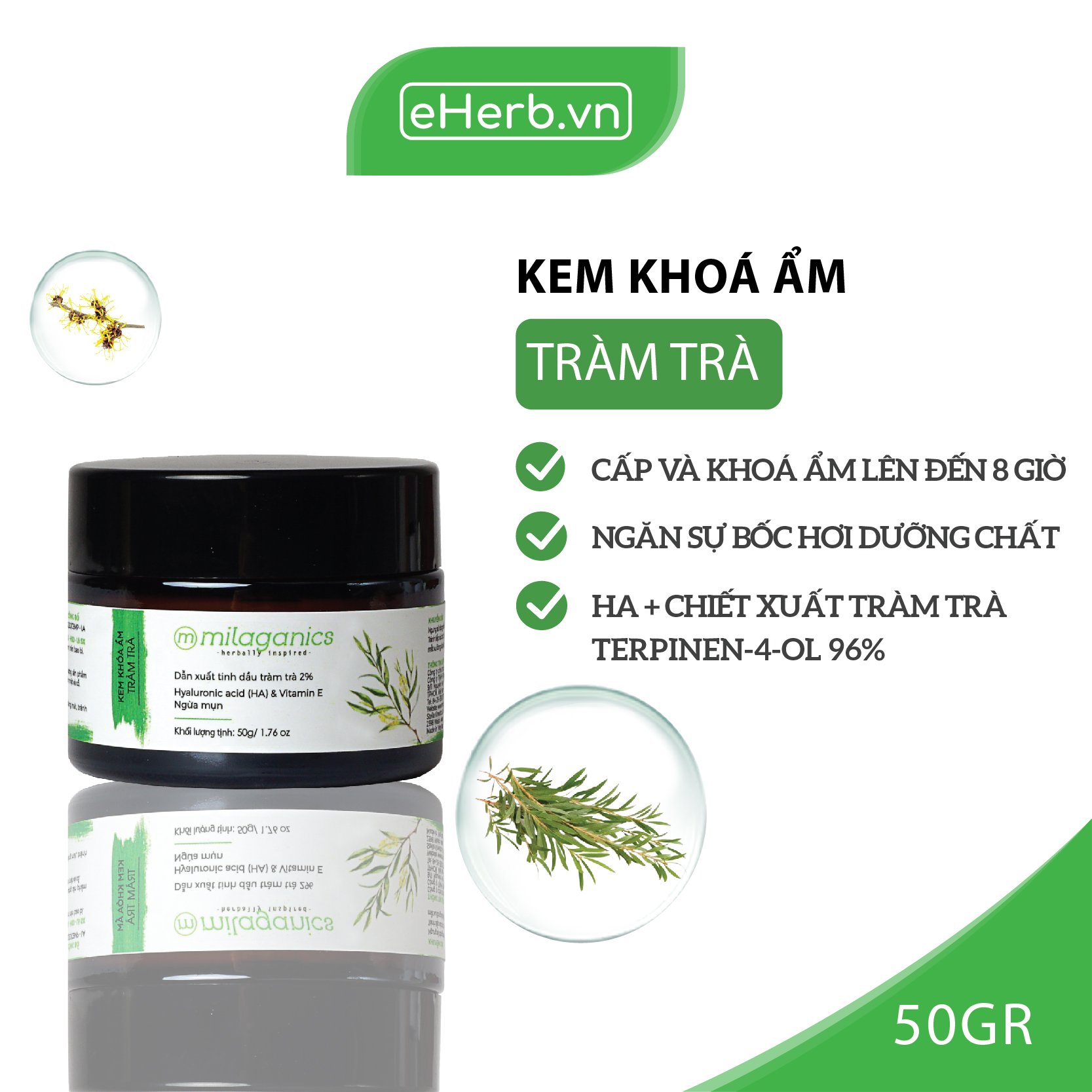 Kem Khóa Ẩm Tràm Trà Ngăn Ngừa Mụn Viêm &amp; Dưỡng Ẩm Dành Cho Da Mụn - Dẫn Xuất Tinh Dầu Tràm Trà 2% MILAGANICS 50gr (Hũ)