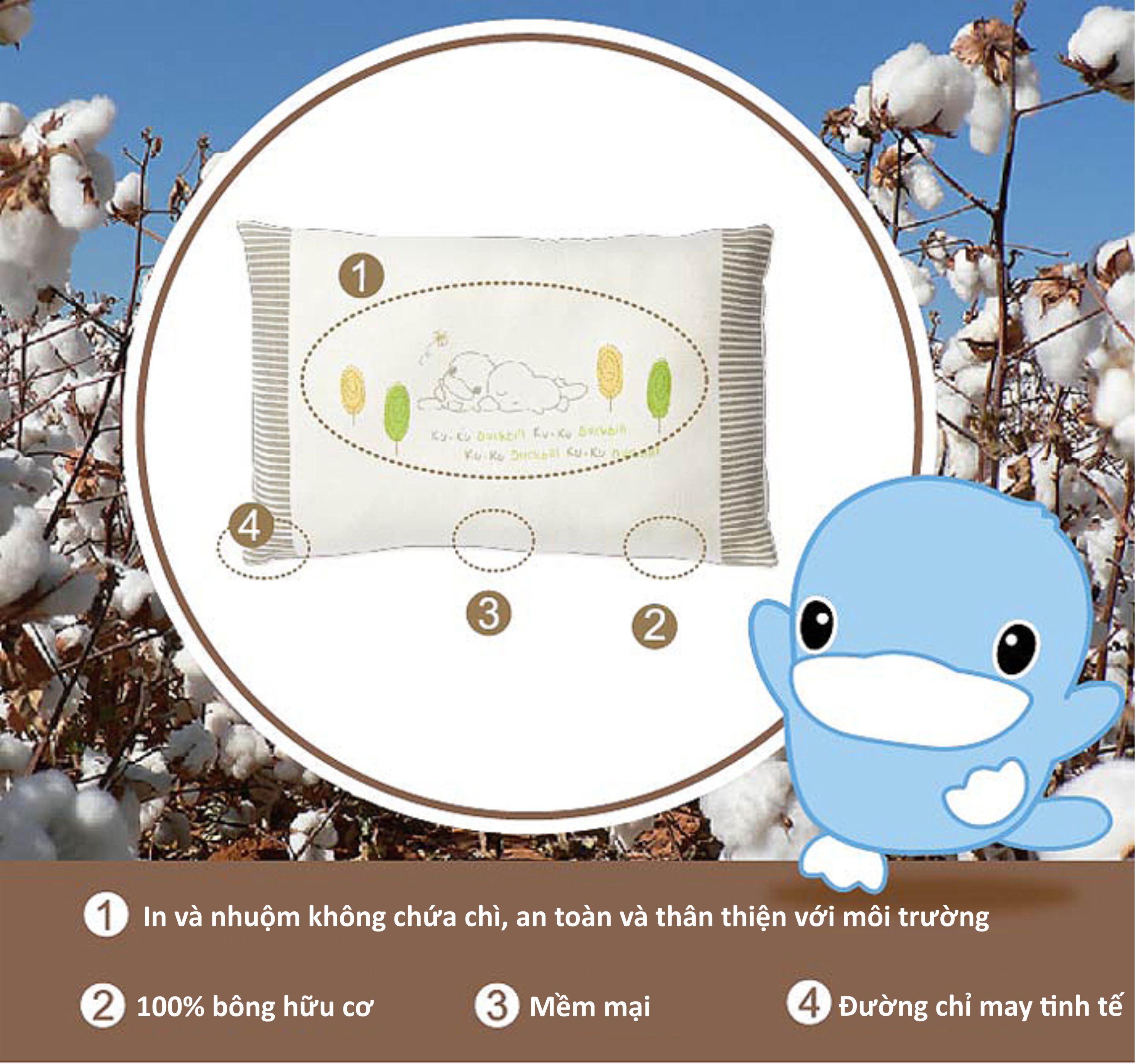 GỐI NẰM CHO BÉ 6M+ BẰNG VẢI ORGANIC KUKU KU2053 - SIZE 23x35 cm