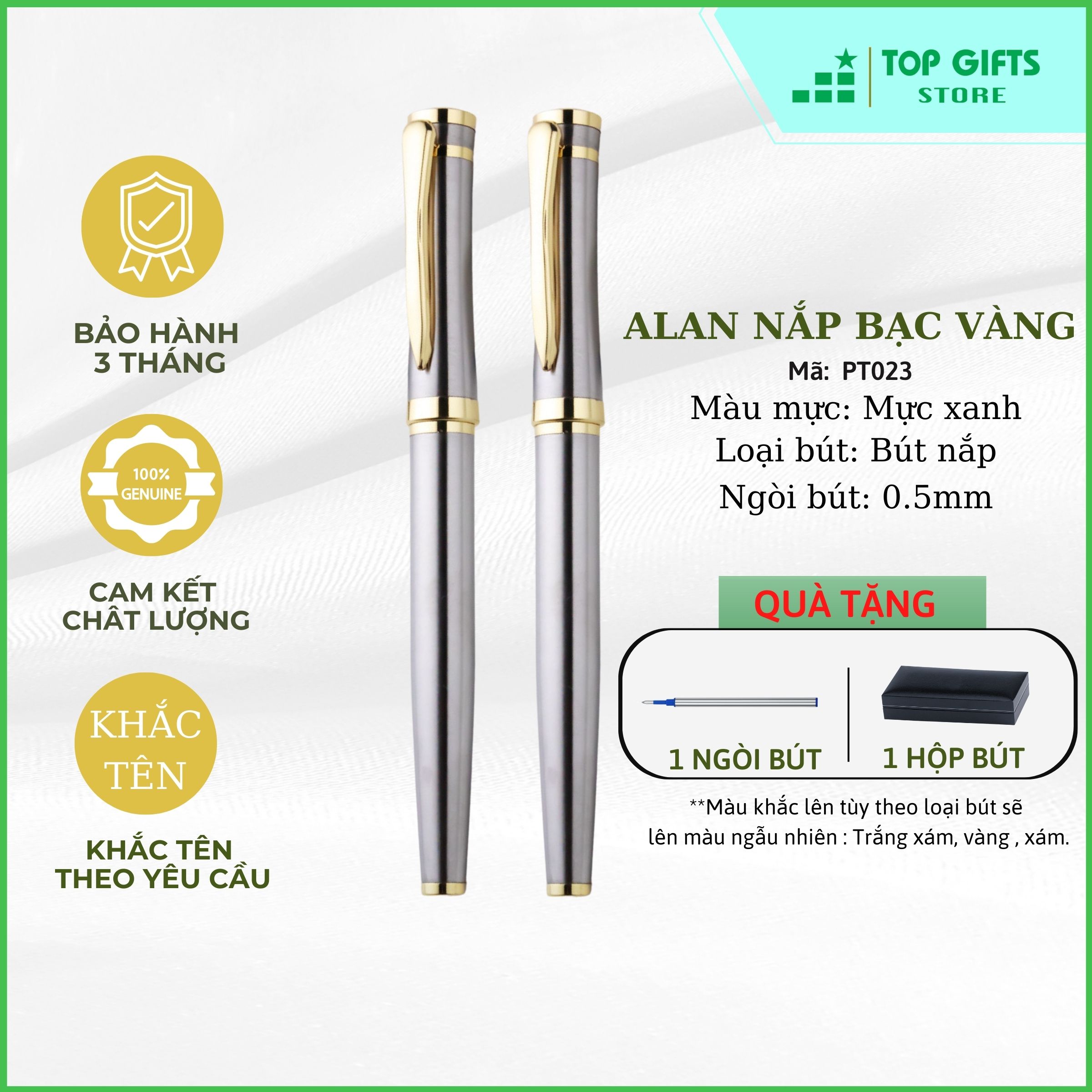 Bút ký khắc tên Alan bạc viền vàng PT023 - ngòi 0.5mm mực xanh