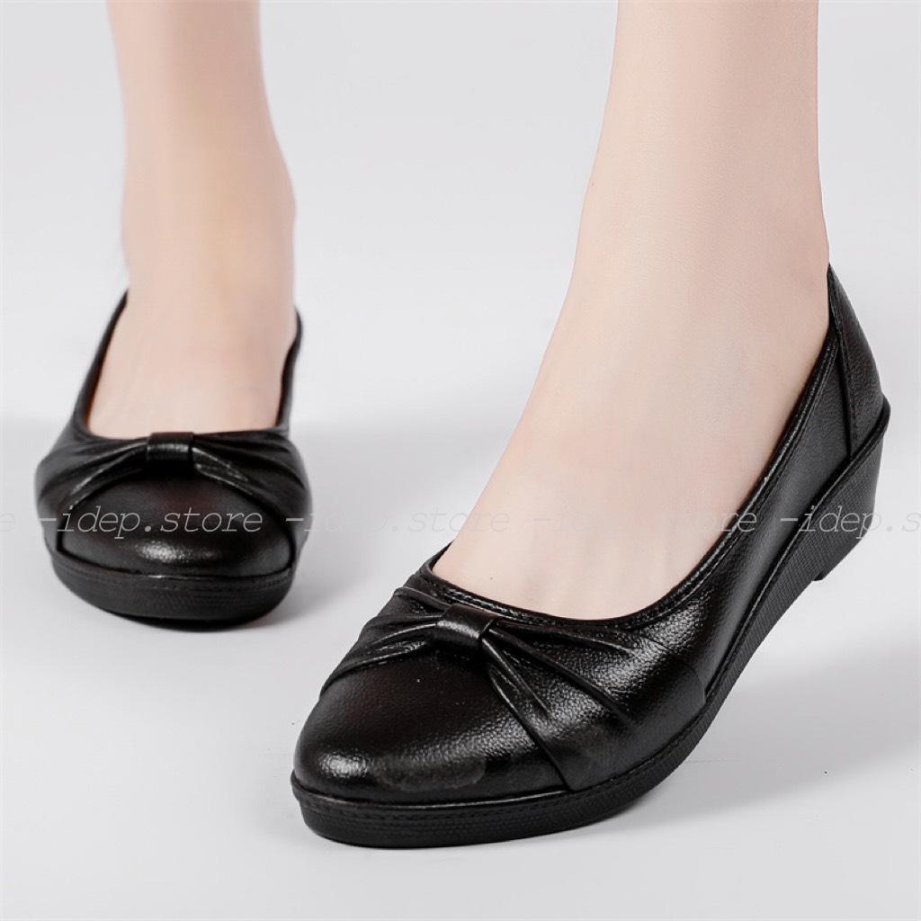 Giày búp bê nơ nhựa dẻo nữ giả da cao 3cm đi mưa chống trơn iDÉP- GL073