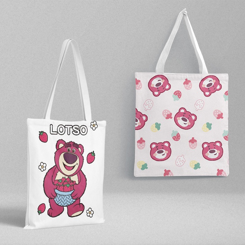 Túi tote vải canvas có dây kéo in hai mặt gấu dâu Lotso siêu xinh - Túi vải canvas gấu dâu Lotso in hai mặt có dây kéo