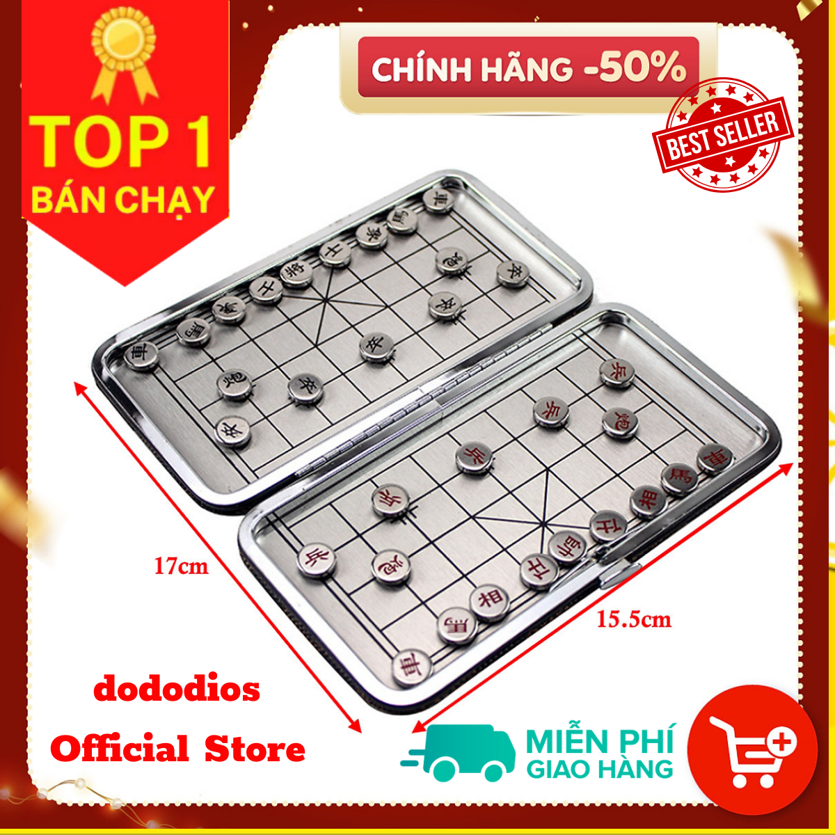 Bàn Cờ Tướng Mini Nam Châm 2 Mặt Tiện Ích, Cờ Tướng Nam Châm Bỏ Túi - Cờ Tướng Bàn Là Hộp Đựng, Bộ cờ tướng mini bỏ túi bằng nam châm, bàn cờ gập gọn 15x16Cm - Hàng chính hãng dododios