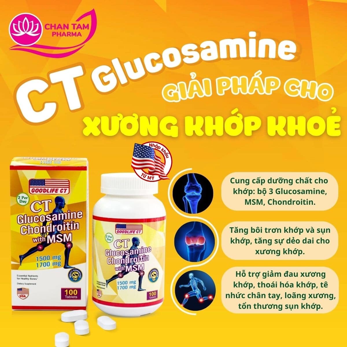 Viên Bổ Sung cho Khớp và Sụn CT GLUCOSAMINE Mỹ CHONDROITIN WITH MSM - Hộp 100 viên