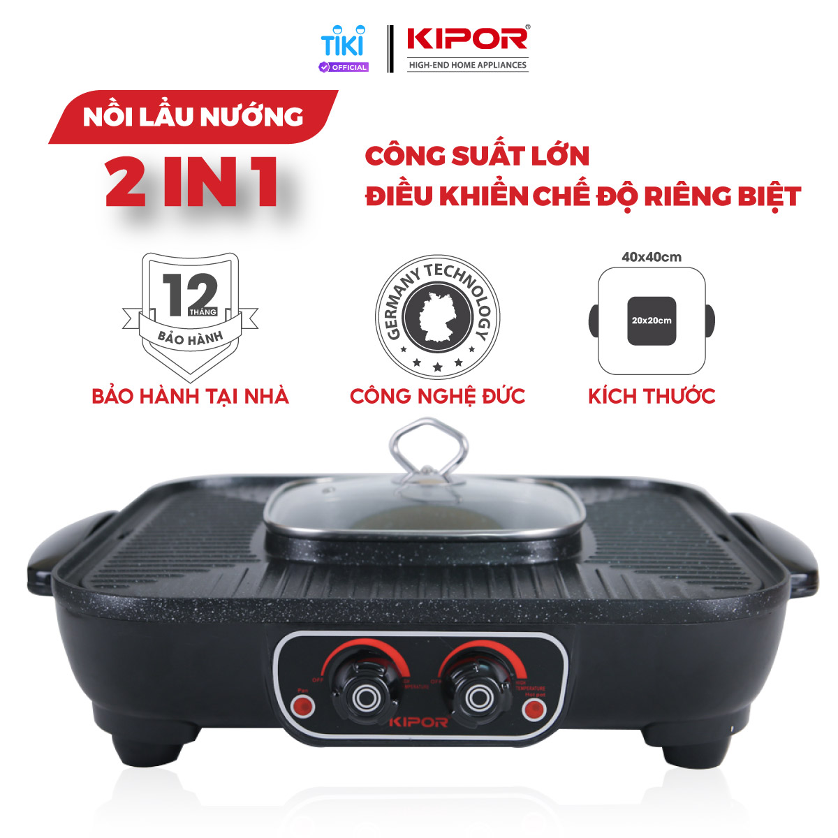 Bếp lẩu nướng điện không khói KIPOR KP-HG4020 - Lẩu, nướng đồng thời điều chỉnh nhiệt độc lập - Chống dính WHITFORD cao cấp -Hàng chính hãng