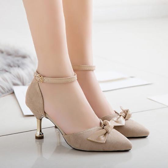 Giày cao gót nữ đẹp da lộn 7 phân đế ngọn bít đầu phối nơ