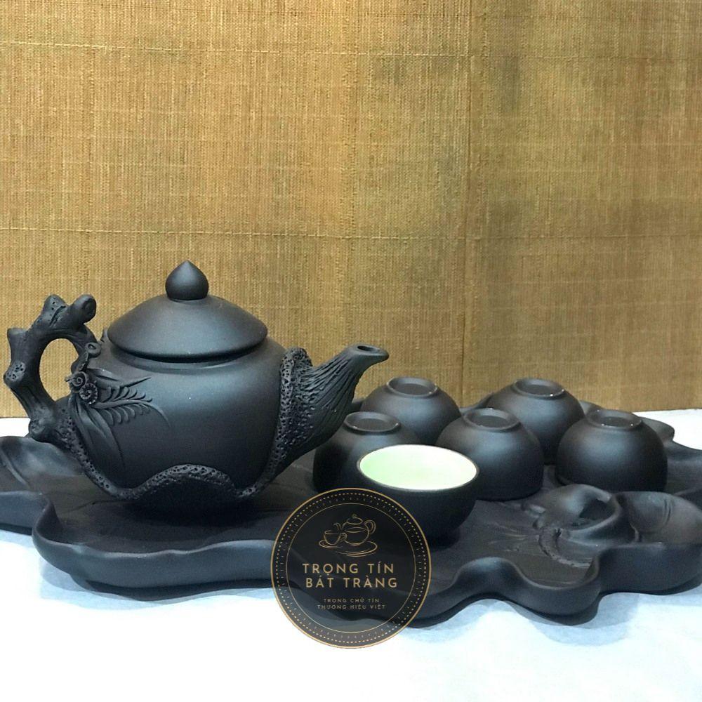 Bộ Ấm Chén Trà Đạo Gốm Tử Sa Bát Tràng Đắp Nổi Hoa Lan Dáng Thủy Bình Dung Tích 400ml ATSML 017