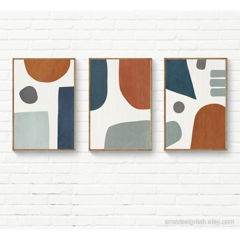 Tranh treo tường | Bộ 3 tranh Organic Shapes Print in Rust Navy Gray, Living Room Set, Kitchen Print Set