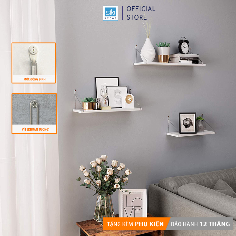 Kệ Gỗ Trang Trí Treo Tường Không Cần Khoan Với Móc Treo Inox Và Đầy Đủ Phụ Kiện Kt02 - Trắng - 3 Kệ 40Cm, 60Cm Và 80Cm