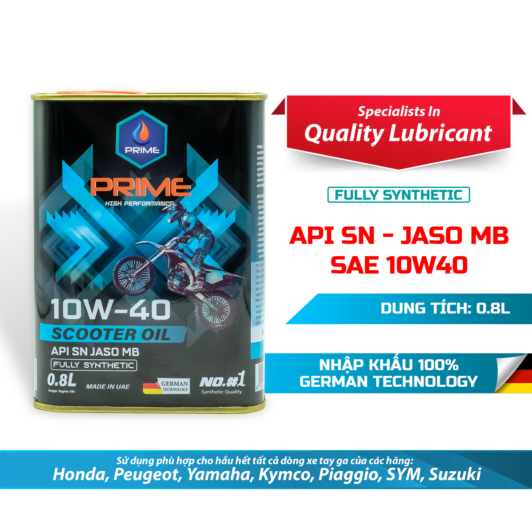 Nhớt xe tay ga tổng hợp toàn phần PRIME 10W40 SN MB Fully Synthetic, Lon 800ml - Nhớt PRIME Lubricants công nghệ Đức, nhập khẩu DUBAI