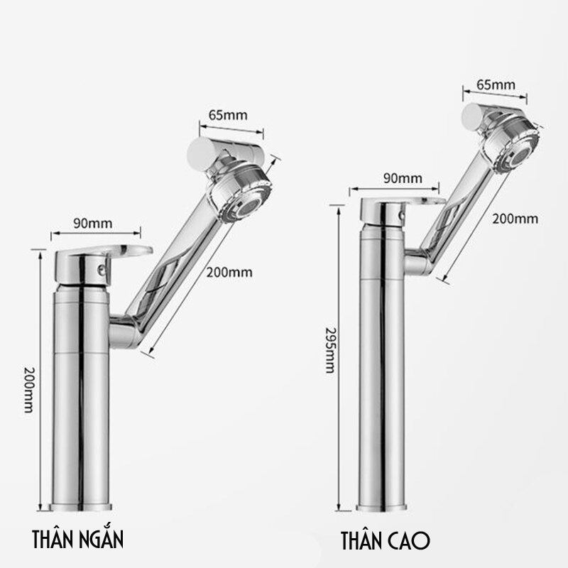 Vòi rửa mặt Lavabo cổ xoay 720 độ đa chiều, củ đồng, thân ngắn, mạ Crom, điều chỉnh nhiều chế độ tia nước Minh House